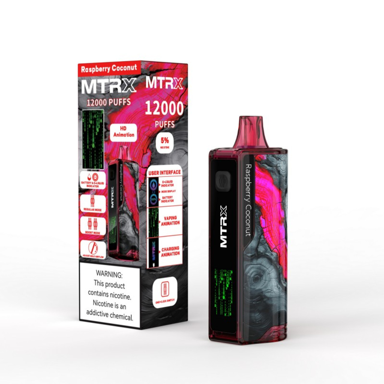 Shop the MTRX 12000 Puffs Vape in sweet Raspberry Coconut flavor – enjoy up to 12,000 smooth, tropical puffs for a fruity and creamy vaping experience.