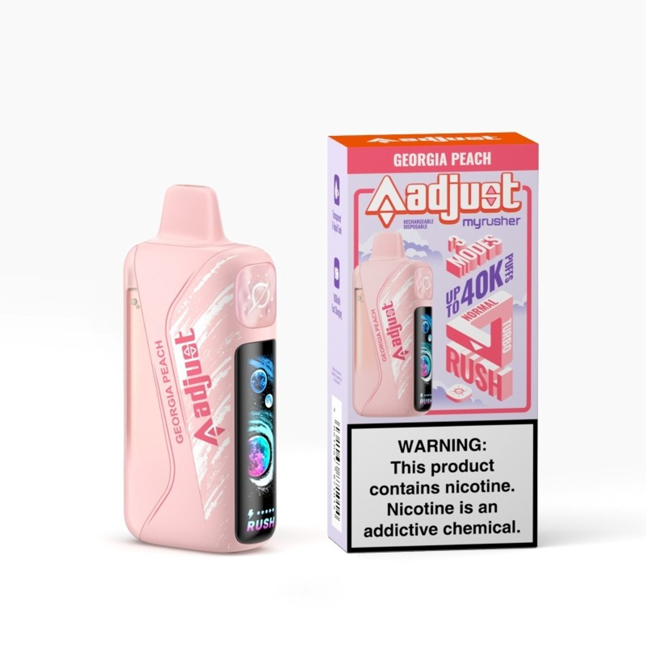 Savor southern sweetness with the Adjust Myrusher 40K Disposable Vape – Georgia Peach (20ml, 5%). Enjoy up to 40,000 puffs of ripe, juicy peach flavor with a smooth finish and adjustable airflow for the perfect, refreshing vape every time.