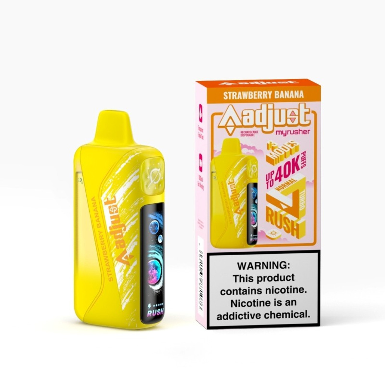 Indulge in the creamy sweetness of Adjust Myrusher 40K Disposable Vape – Strawberry Banana (20ml, 5%). Enjoy up to 40,000 puffs of perfectly balanced strawberry and banana flavor with smooth clouds and adjustable airflow for your ideal vaping experience.