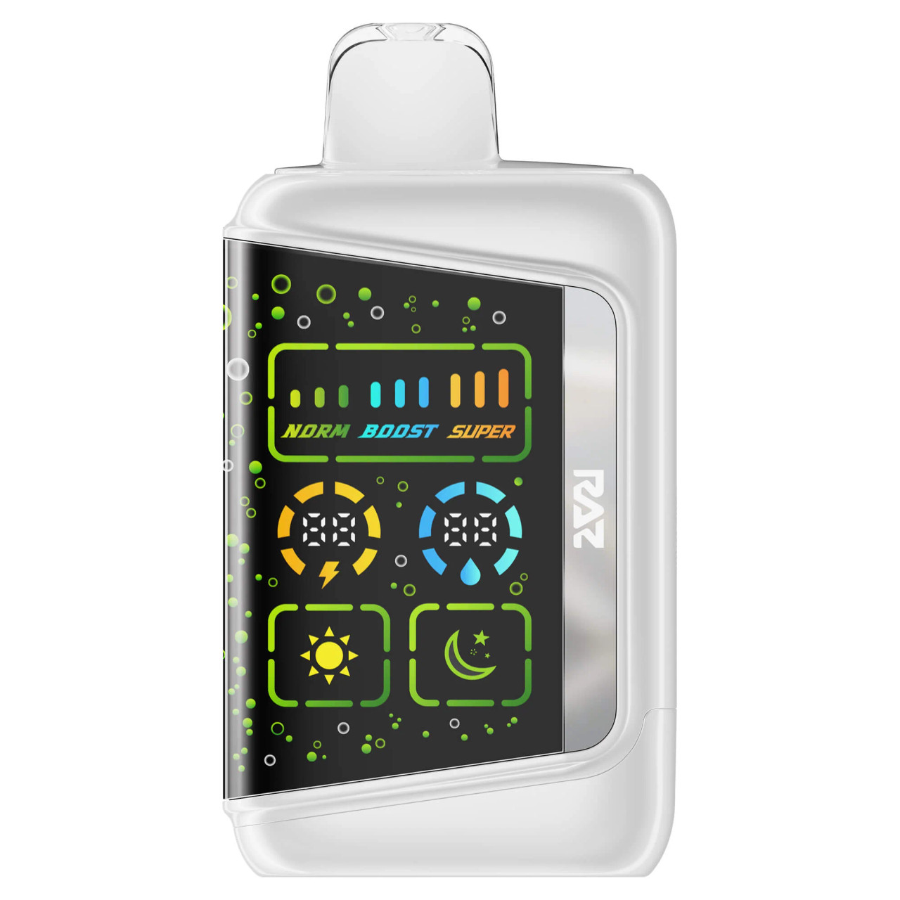 RAZ RX Dew Edition disposable devices with up to 50,000 puffs, 5% nicotine strength, 19ml e-liquid capacity, packaged as a 5-count display.