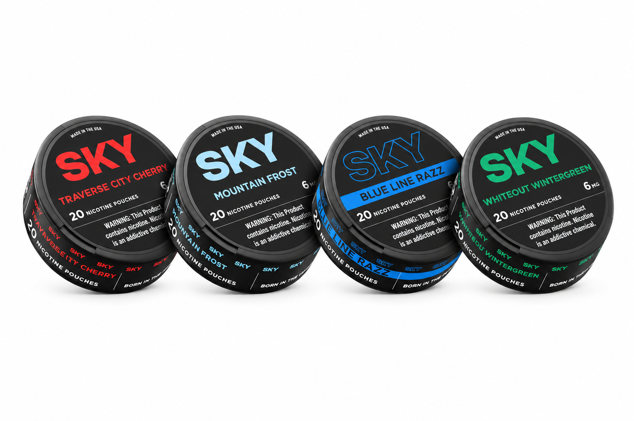 Shop SKY nicotine pouches in bold flavors including Traverse City Cherry, Mountain Frost, Blue Line Razz, and Whiteout Wintergreen. Each can includes 20 pouches with 6mg nicotine.