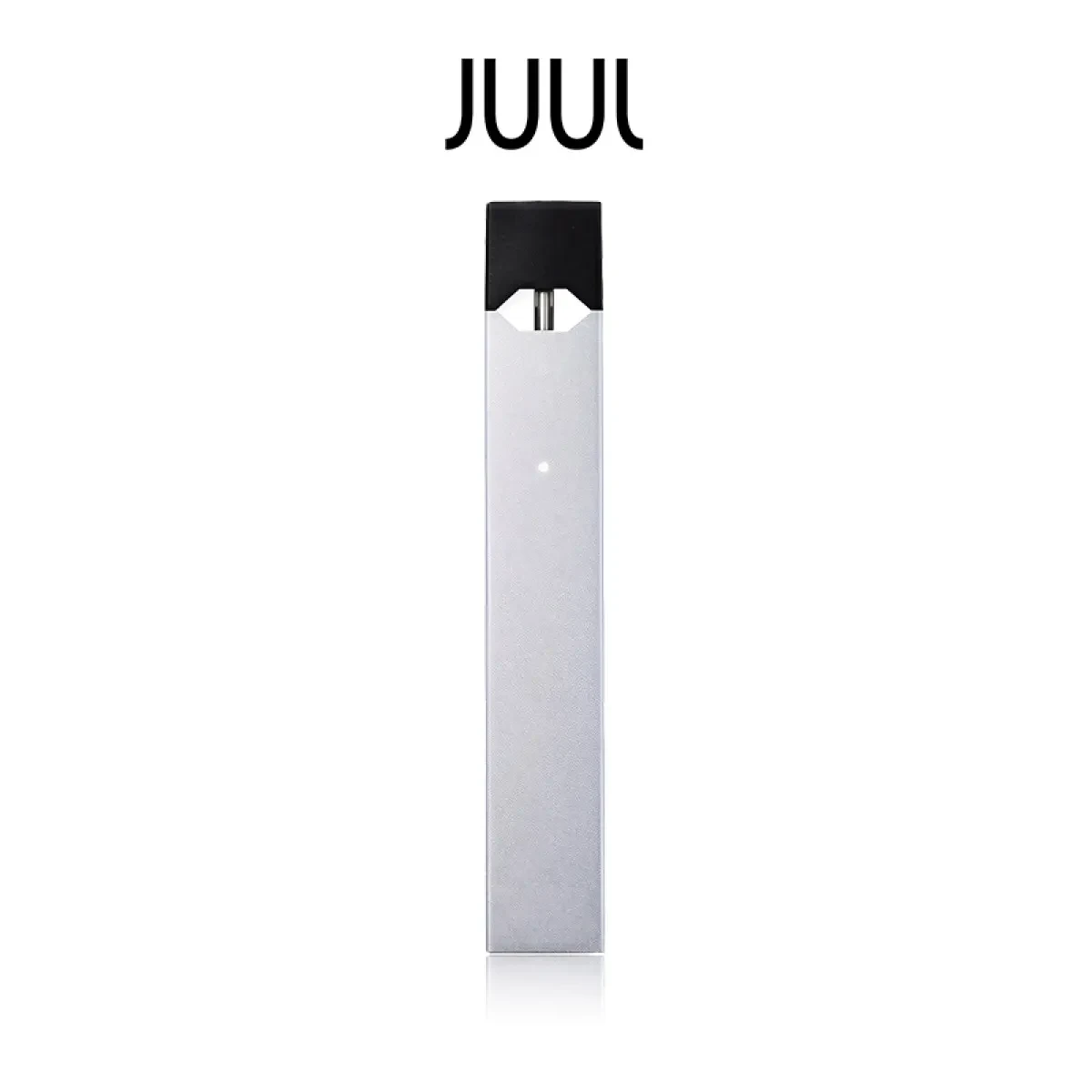 JUUL Device featuring a sleek, compact design, rechargeable battery, simple draw-activated operation, and multiple color options including Silver, Slate, and Turquoise.