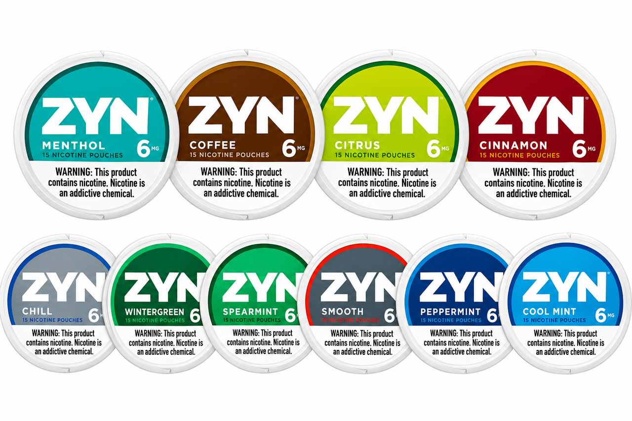 ZYN Nicotine Pouches feature 6mg nicotine strength, 15 pouches per can, and a variety of tobacco-free flavor options including mint, citrus, coffee, cinnamon, and more.