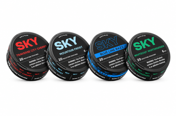 Shop SKY nicotine pouches in bold flavors including Traverse City Cherry, Mountain Frost, Blue Line Razz, and Whiteout Wintergreen. Each can includes 20 pouches with 6mg nicotine.