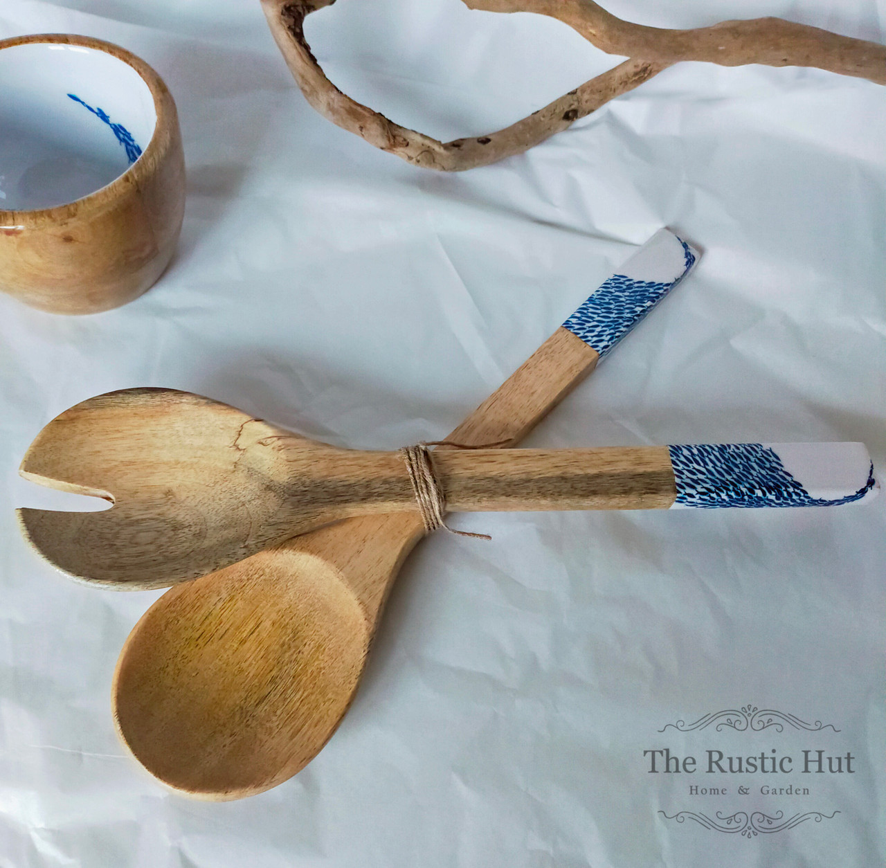 Mango Wood Salad Servers Shoal of Fish The Rustic Hut