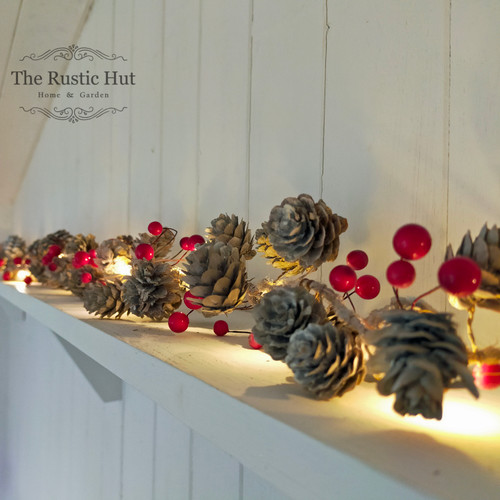 Pine Cone & Red Berry Christmas Garland with LED Lights