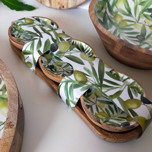 Set of 3 Mango Wood Dip /Nibble Bowls - Olives Design