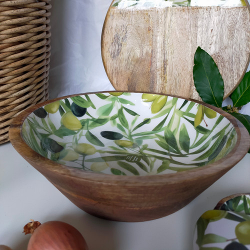 Mango Wood Fruit / Salad Bowl - Olives Design