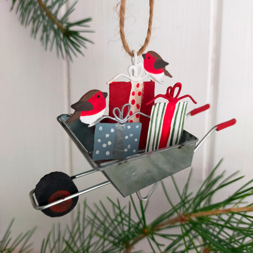 Wheelbarrow of Gifts with Robins Hanging Christmas Decoration