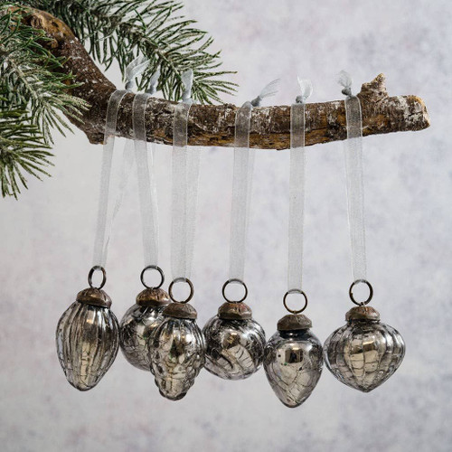 Mini Christmas Baubles Slate Dark Silver Glass - Gift Set of 6