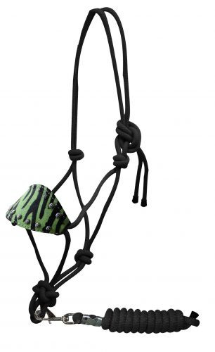 Nylon cowboy knot halter with hair on padded Lime Green Zebra nose band. Halter comes with 7ft. removable lead. 