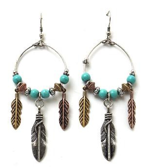 Antique Silver, Gold, and Copper Feathers w/Turquoise Bead Earrings