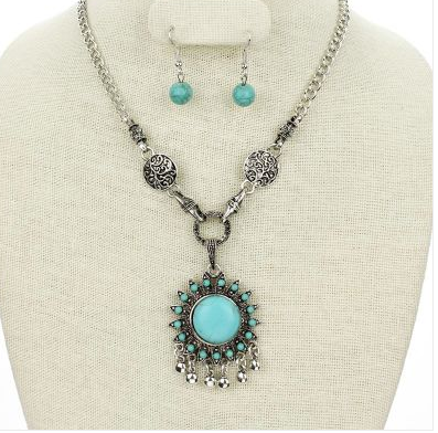 Antique Silver and Turquoise Necklace w/ Matching Earrings