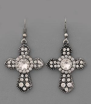 Silver Crystal Cross Earrings