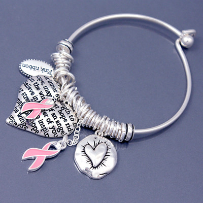 Silver Breast Cancer Awareness Pink Ribbon Heart Charms Bangle Bracelet