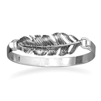 Antique Silver Feather Hinged Bangle Fashion Bracelet