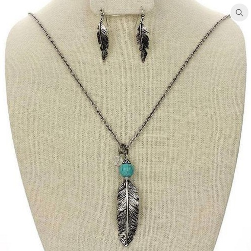 Silver Feather Necklace w/ Matching Earrings
