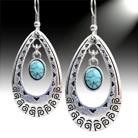 Antique Silver and Turquoise Teardrop Aztec Earrings