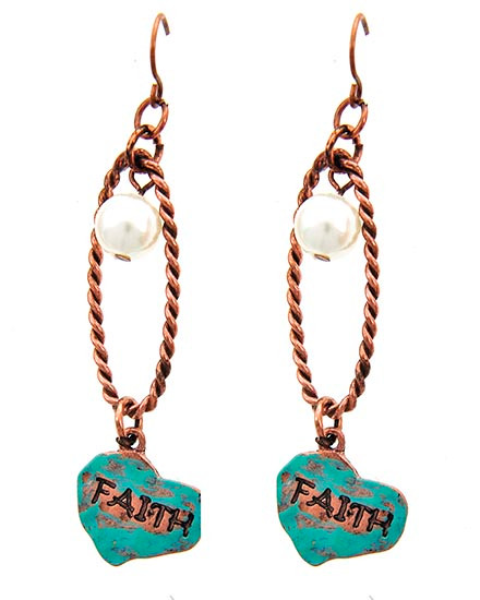 Faith Heart Pearl Copper Patina Drop Dangle Earrings