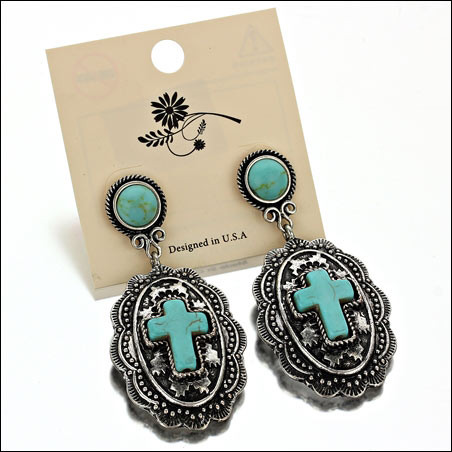 Antique Silver and Turquoise Cross Dangle Earrings