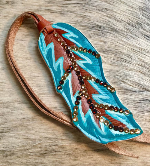 Turquoise & Brown Tooled & Painted leather tie on Feather