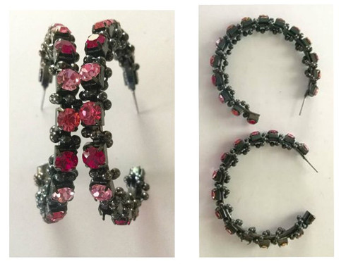 Black Hoop Earrings w/ Pink Crystals and Black Beads 