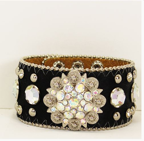 Black Leather Concho Bracelet with a Silver & Crystal Concho,