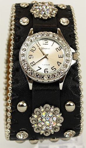 BLACK RHINESTONE CONCHO WESTERN WATCH WITH BLING 