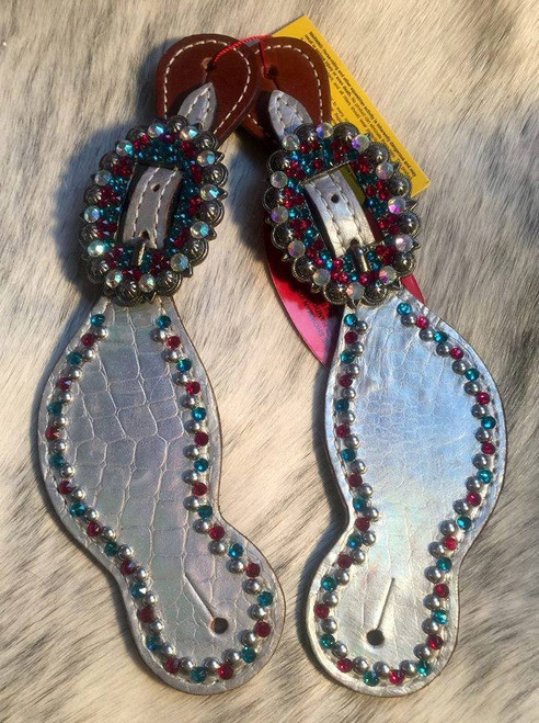  Ladies Metallic Silver Alligator Spur Straps w/Teal, Clear & Red Swarovski Crystals