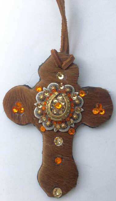 Brown Hair on leather tie on Horse Shoe Concho Crystal Saddle Cross