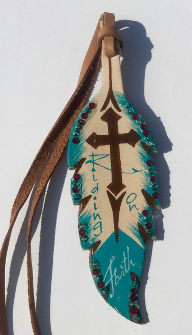 Leather Tie on Feather with Turquoise & Pink Swarovski Crystals