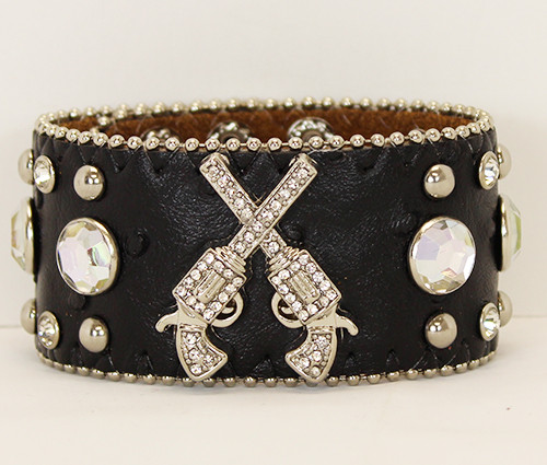 Black Leather Crossed Pistols Crystals Bracelet 
