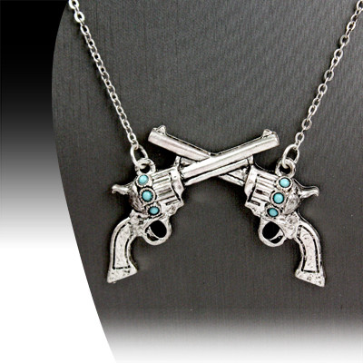 Silver & Turquoise Crossed Pistols Necklace