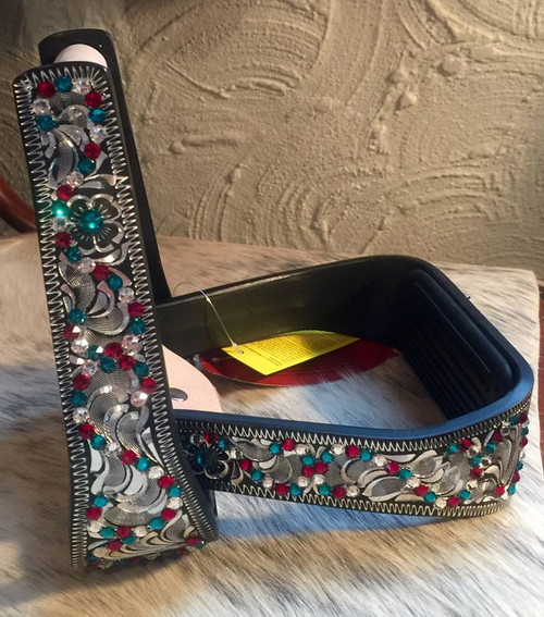 Black Aluminum w/Teal, Red and Clear Crystal Stirrups