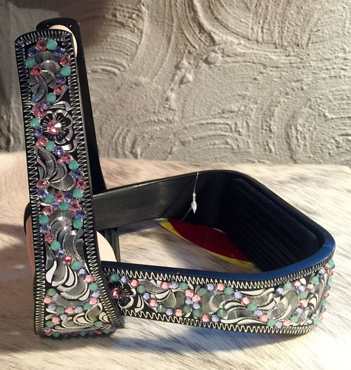 Black Aluminum w/Pink, Tanzanite and Light Blue Opal Crystal Stirrups