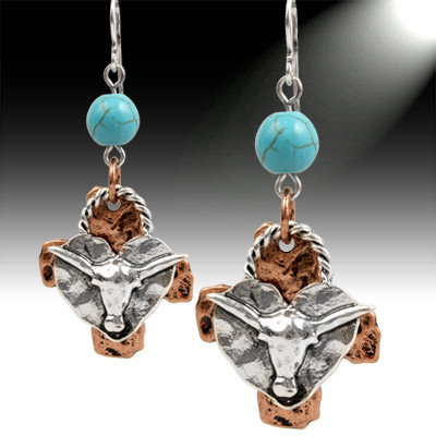 Silver, Copper & Turquoise Longhorn, Heart & Cross Dangle Earrings