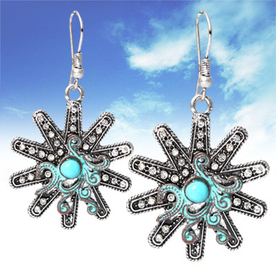 Silver, Crystal & Patina Spur Rowel dangle earrings 