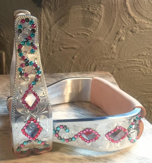 Aluminum Diamonds w/Pink, Turquoise & Black Diamond Crystal Stirrups