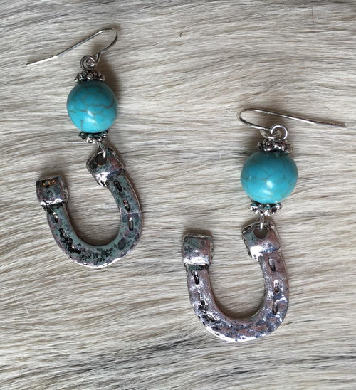 Hammered Silver Horseshoe W/ Turquoise Earrings 