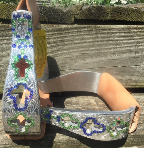 Aluminum polished engraved stirrups with cut out Cross design and Swarovski Crystals