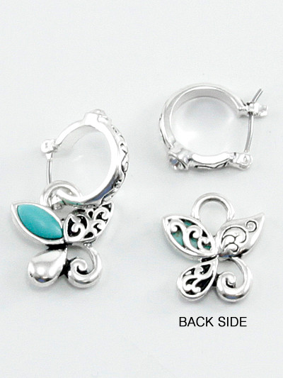 Silver Metal Hoop Earrings w/ Turquoise Epoxy Accent