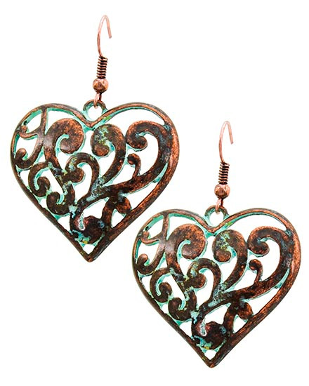 Patina Metal Dangle Filigree Heart Earring Set