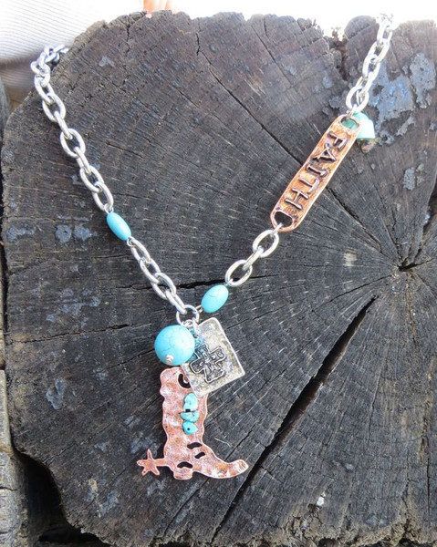 Copper Boot Cross Turquoise Necklace 