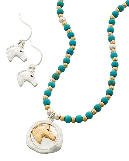 Turquoise and Silver Beaded Horse Pendant with Matching Earrings