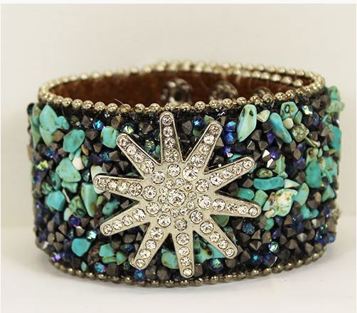 Spur Rowel Turquoise Crystals Leather Bracelet
