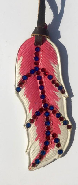 Pink Tooled & Painted leather tie on Feather with Red & Blue Swarovski Crystals