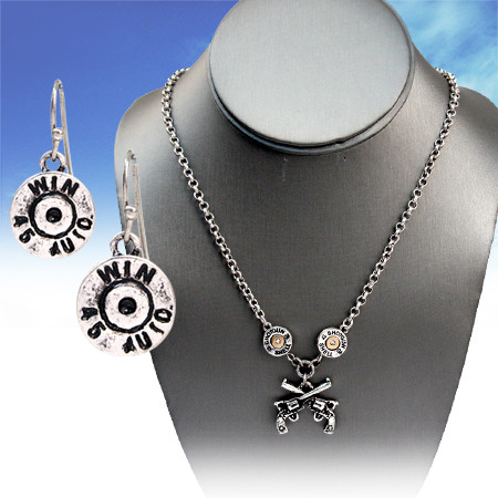 Silver Crossed Pistols and Shotgun Shells Necklace