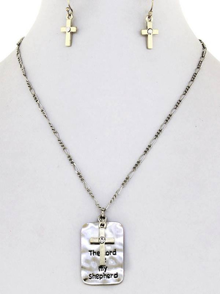 Silver Dog Tag with (The Lord Is my Shepherd) and cross earrings and charm