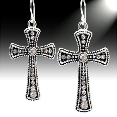 Silver & Crystal Cross Earrings