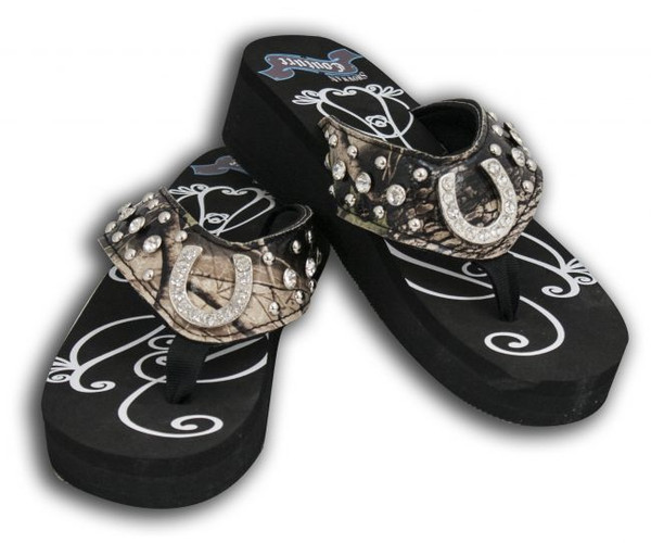 Camo Crystal Horseshoe Flip Flops Size 7